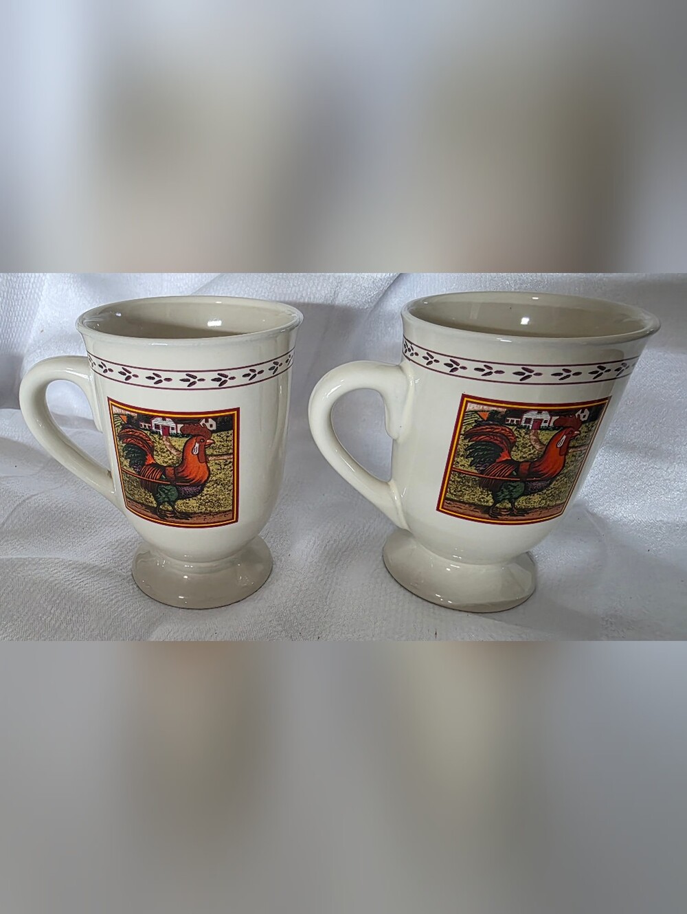 B.I. Inc. Cream Ceramic Rooster Coffee Mugs Set Of 2